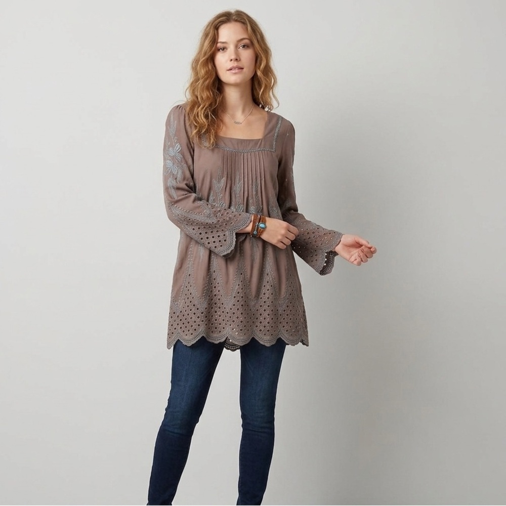 Sundance Embroidered Long Sleeve Tunic Top XS Brown Blue Floral Boho Chic